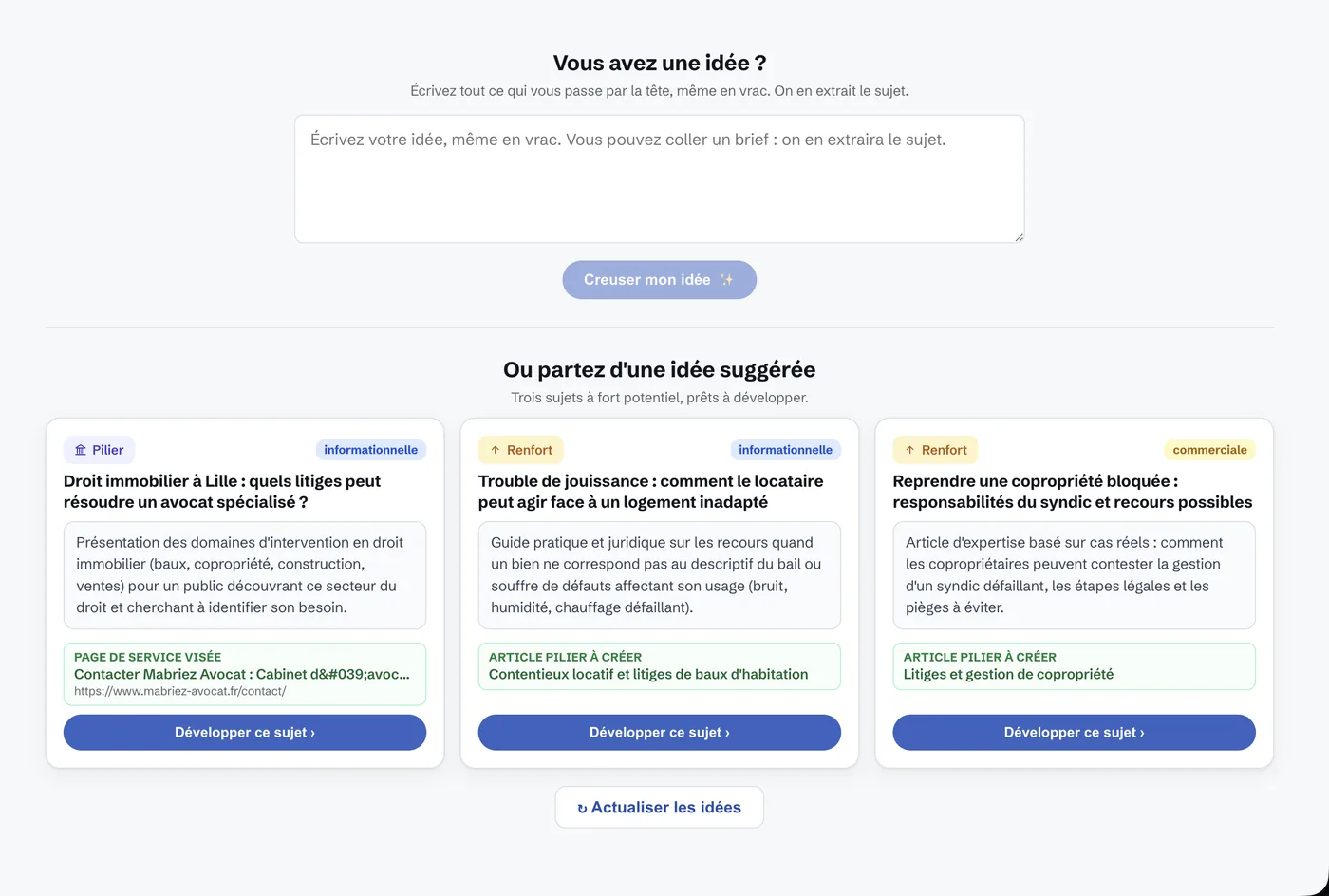 Écran de suggestion d'idées d'articles dans Toppos